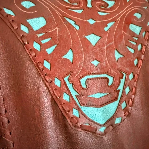 EUC 🔥 STUNNING! Tribe America Brown Leather Turquoise Suede Jacket $800 Ret - Picture 4 of 10